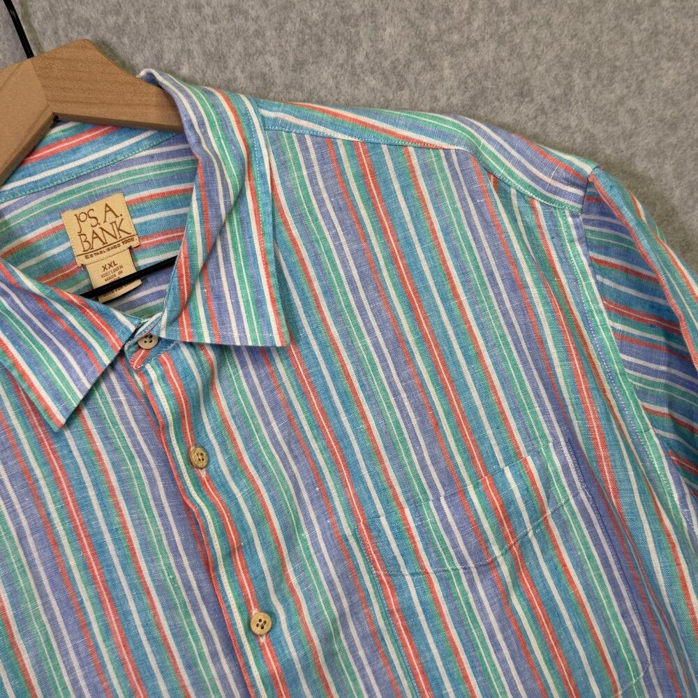 Jos A Bank Shirt Mens XXL Linen Striped Short Sleeve Button Front Casual
